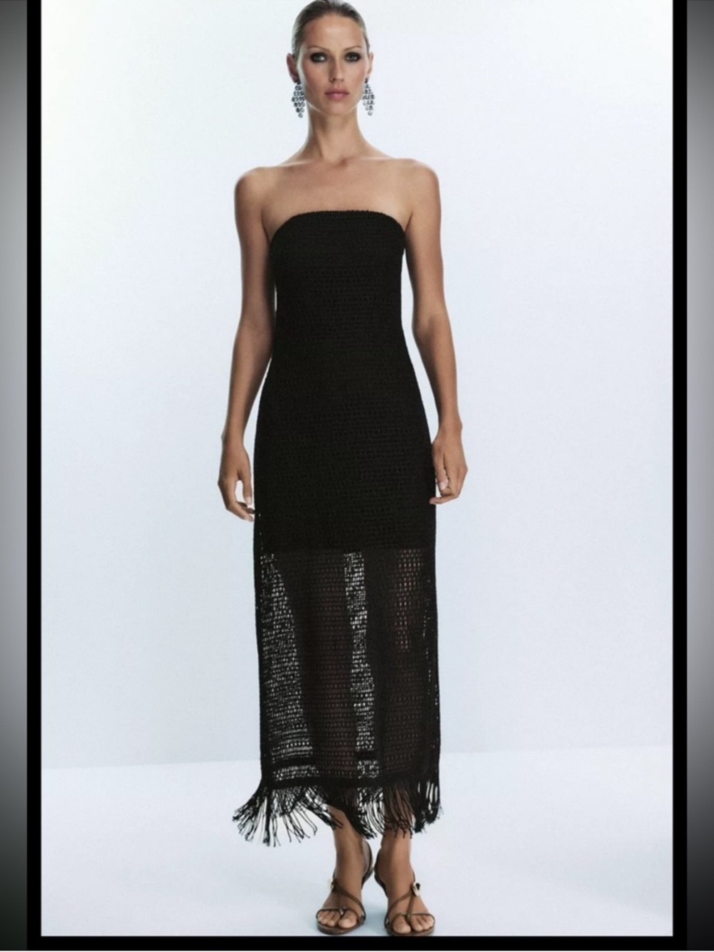 NWT! Zara Black Strapless Crochet Fringe Maxi Dress